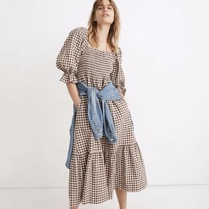 madwell Lucie Elbow-Sleeve Smocked Midi Dress in Gingham